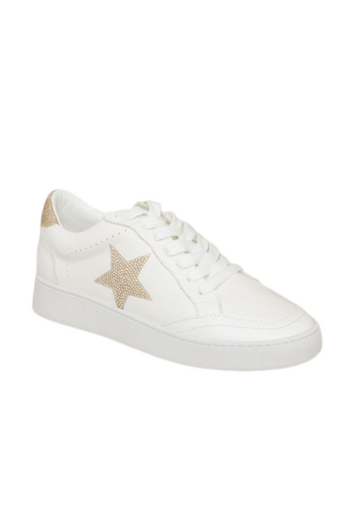 White Vegan Leather Sneakers Gold Rhinestone Star Detail | Bella Lucca Boutique