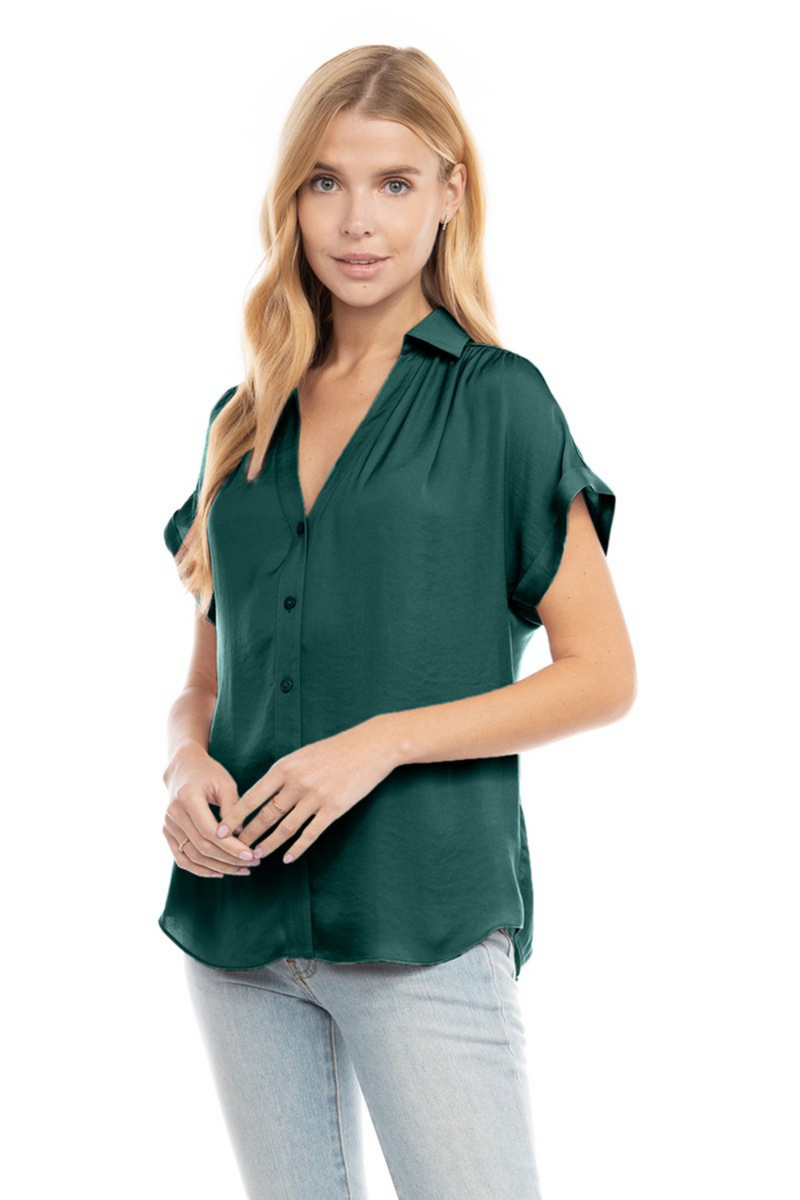 Green Satin Button Down V-Neck Blouse | Bella Lucca Boutique