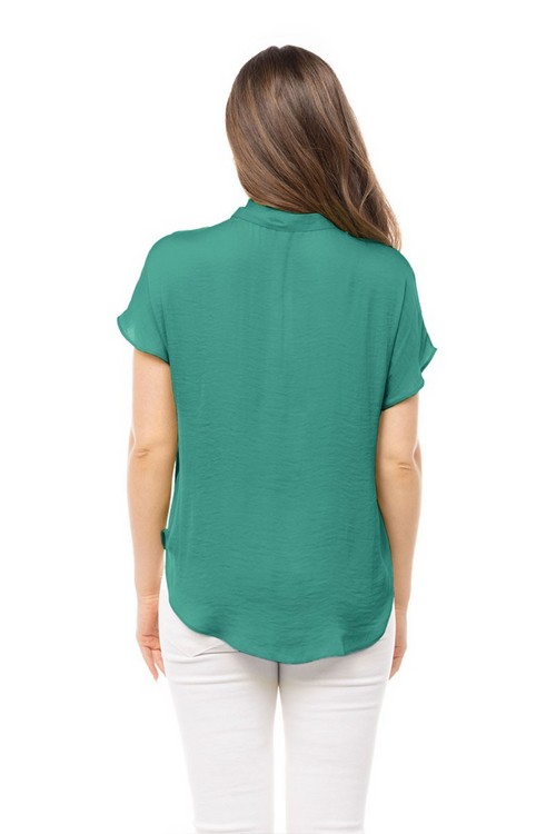 Green Satin V-Neck Short Sleeve Blouse | Bella Lucca Boutique