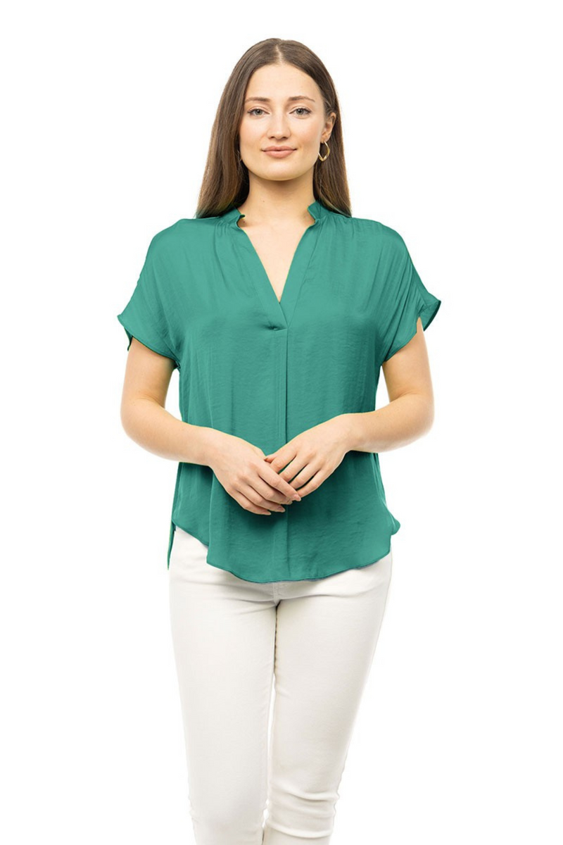 Green Satin V-Neck Short Sleeve Blouse | Bella Lucca Boutique