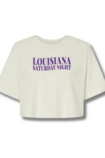 White Louisiana Saturday Night Game Day LSU Crop Top | Bella Lucca Boutique