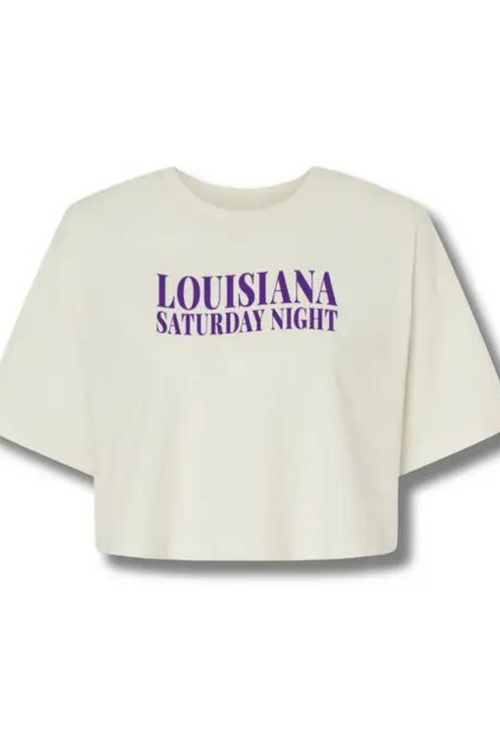 White Louisiana Saturday Night Game Day LSU Crop Top | Bella Lucca Boutique