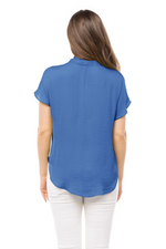 Cobalt Blue Satin V-Neck Short Sleeve Blouse | Bella Lucca Boutique