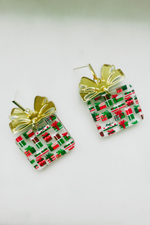 Acrylic Christmas Present Christmas Wrapping Paper Earrings with Gold Bow | Bella Lucca Boutique