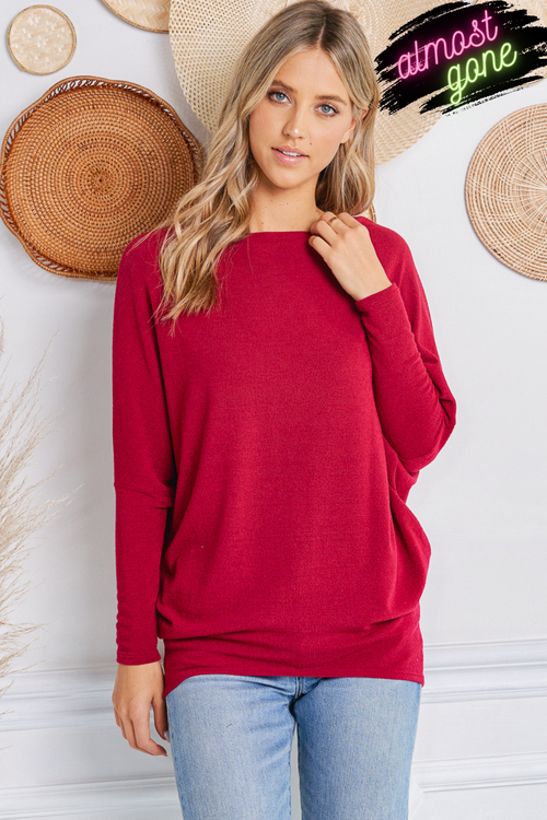 Dark Red Long Sleeve Hacci Cocoon Knit Tunic | Bella Lucca Boutique