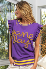 LSU Tigers Purple & Gold Metallic Touch Down Lettering Ruffle Sleeve Sweater | Bella Lucca Boutique