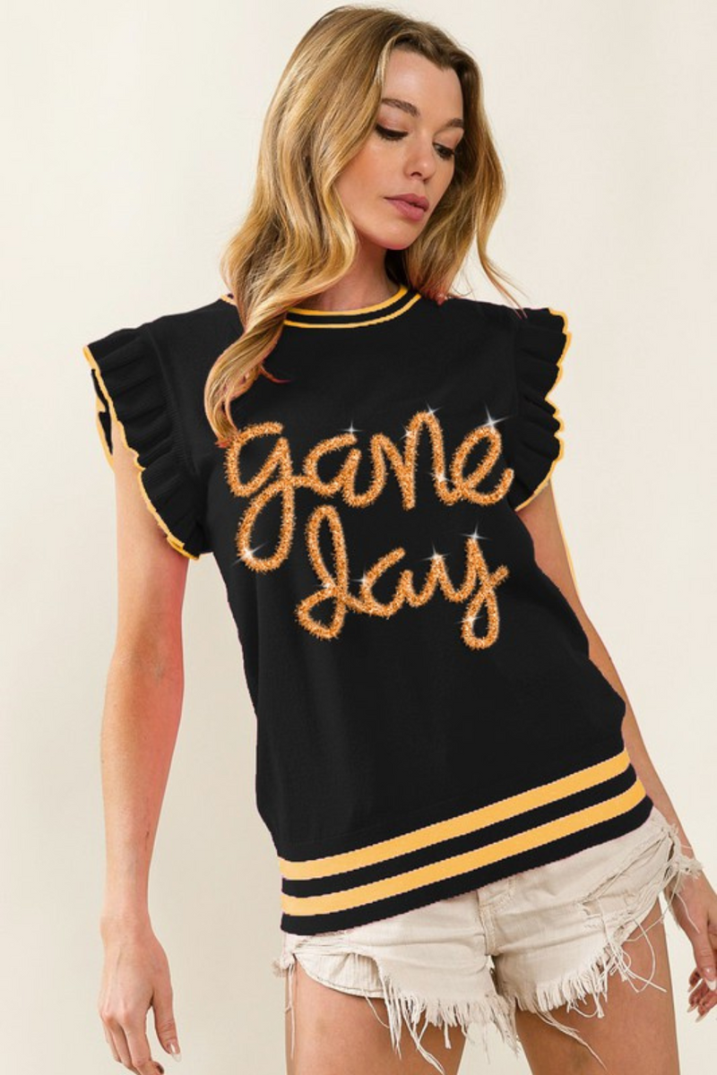 Black & Gold Metallic Touch Down Lettering Ruffle Sleeve Sweater | Bella Lucca Boutique
