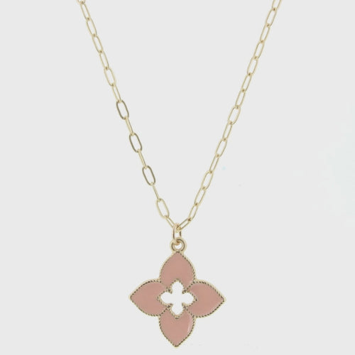 Gold Paperclip Chain Peach Quatrefoil Pendant  Bella Lucca Boutique