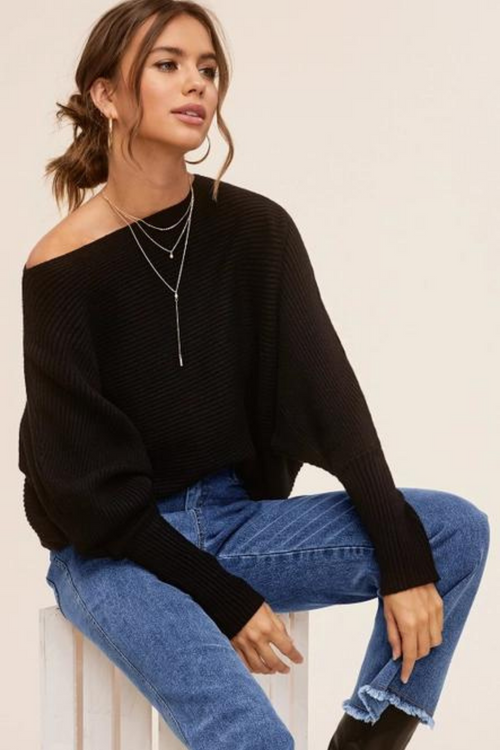 Black Dolman Sleeve Ribbed Oversize Pullover Sweater | Bella Lucca Boutique