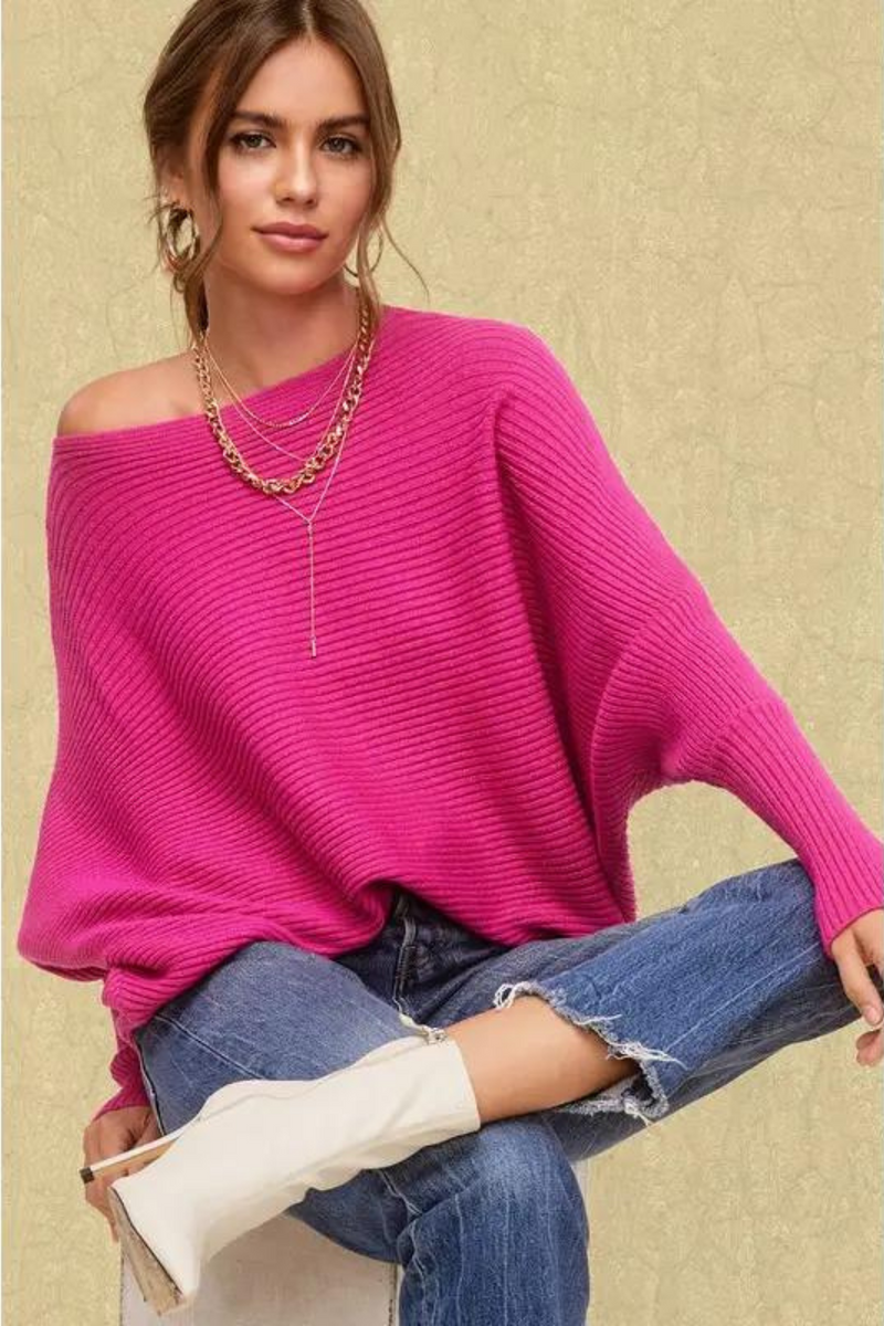 Pink Dolman Sleeve Ribbed Oversize Pullover Sweater | Bella Lucca Boutique