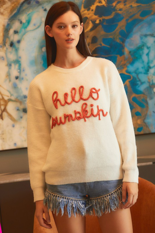 Cream Hello Pumpkin Orange Script Sweater | Bella Lucca Boutique