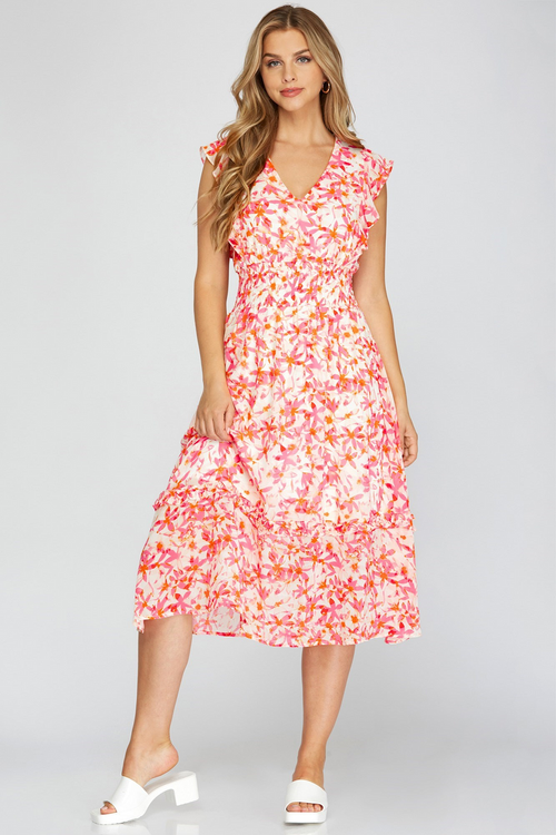 Pink Floral Printed Woven Midi Dress  Bella Lucca Boutique