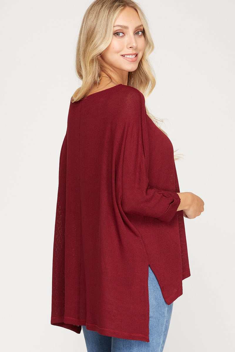 Wine 3/4 Sleeve Batwing Knit Semi-Sheer Top | Bella Lucca Boutique