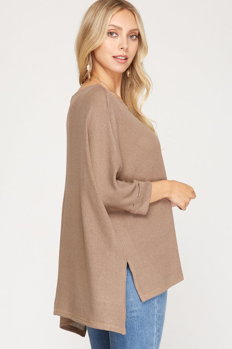 Mocha 3/4 Sleeve Batwing Knit Semi-Sheer Top | Bella Lucca Boutique
