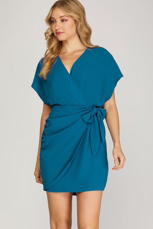 Teal Satin Dolman Sleeve Mini Dress | Bella Lucca Boutique