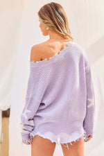 Lavender Frayed Edge Star Print Long Sleeve Sweater | Bella Lucca Boutique