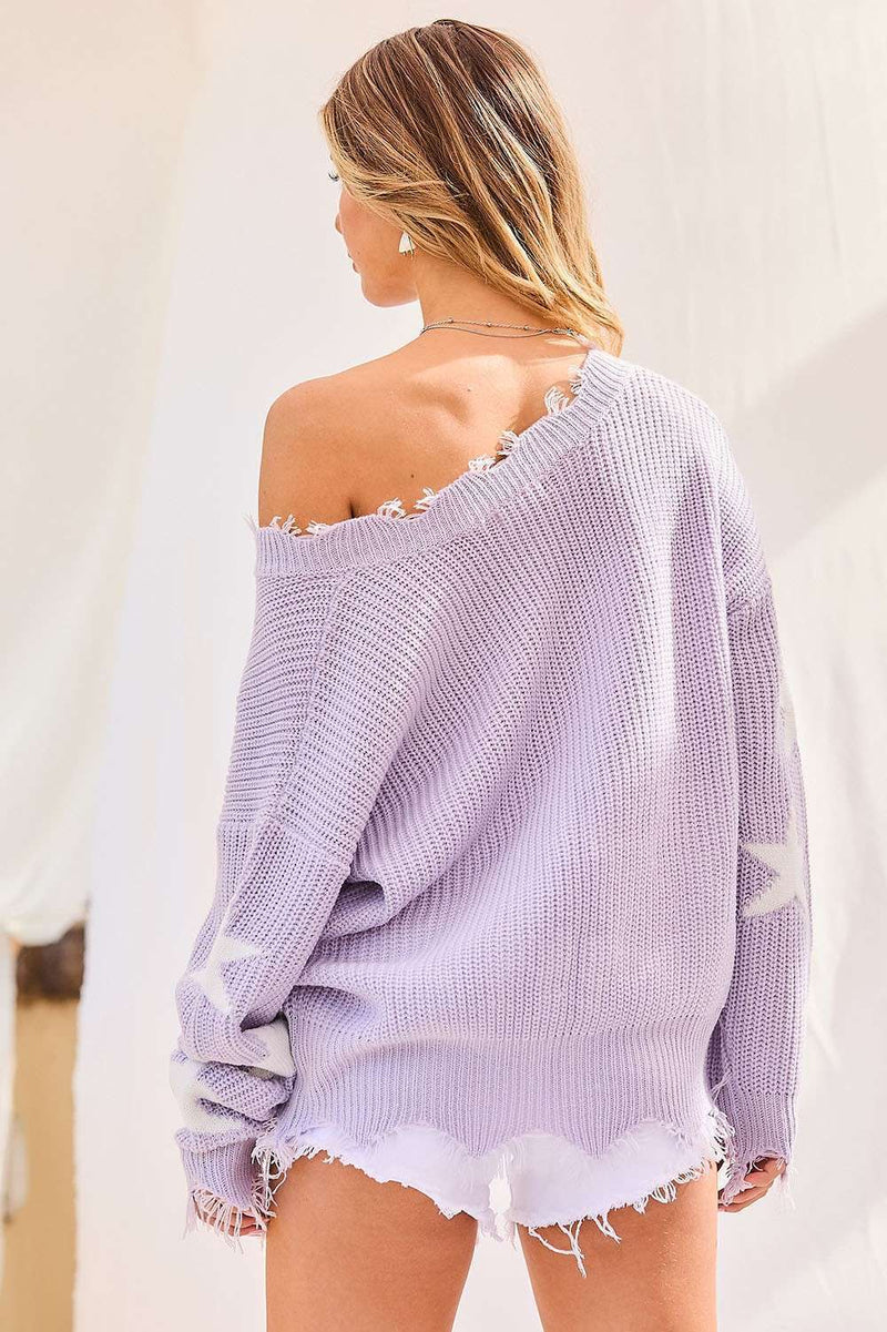 Lavender Frayed Edge Star Print Long Sleeve Sweater | Bella Lucca Boutique