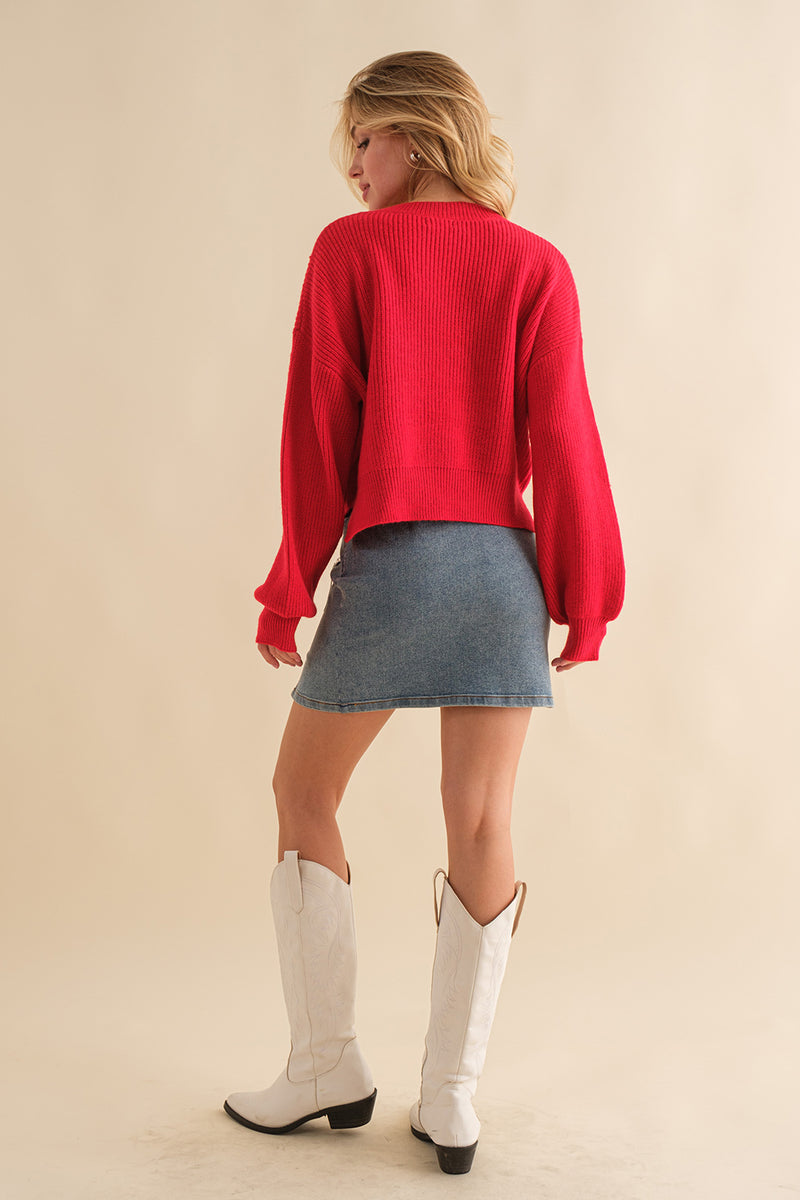 Red Happy Holidays Sparkle Script Lettering Sweater | Bella Lucca Boutique