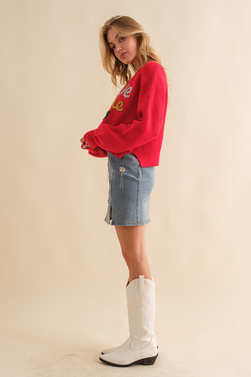 Red Sparkle All The Way Script Lettering Sweater | Bella Lucca Boutique