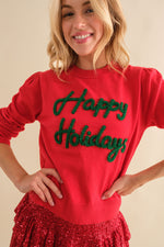 Red Happy Holidays Sparkle Script Lettering Sweater | Bella Lucca Boutique