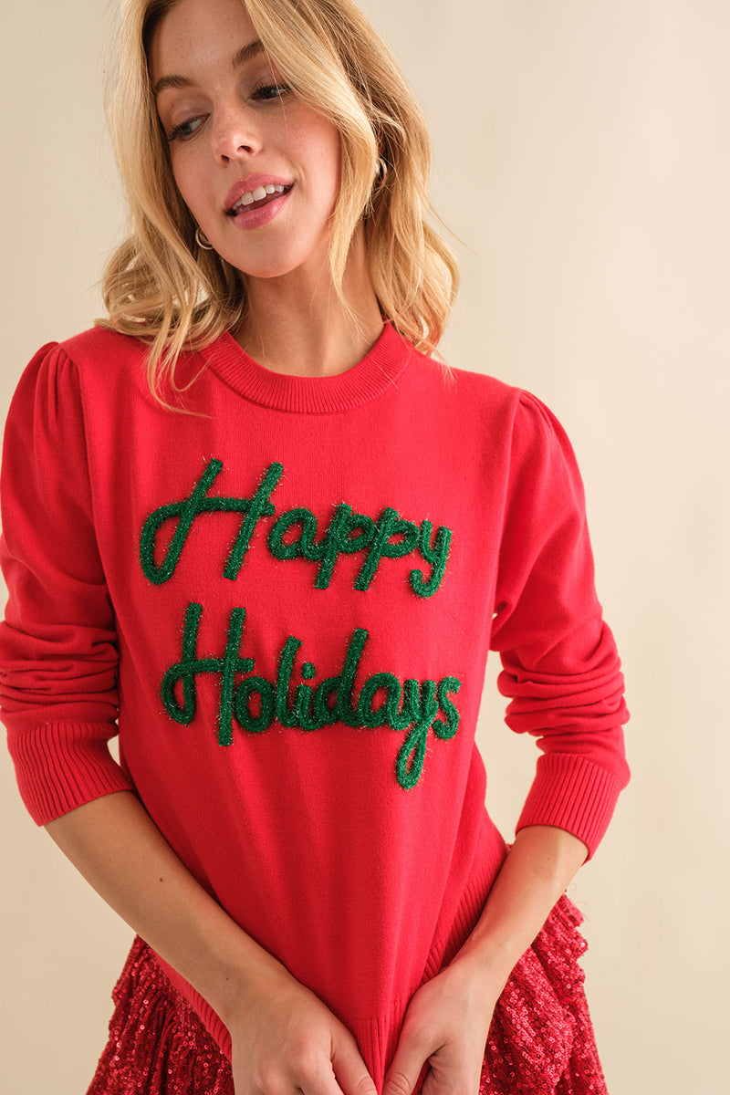 Red Happy Holidays Sparkle Script Lettering Sweater | Bella Lucca Boutique