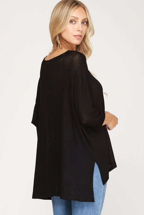 Black 3/4 Sleeve Batwing Knit Semi-Sheer Top | Bella Lucca Boutique