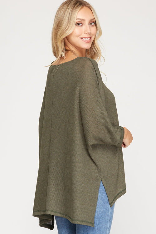 Olive Green 3/4 Sleeve Batwing Knit Semi-Sheer Top | Bella Lucca Boutique