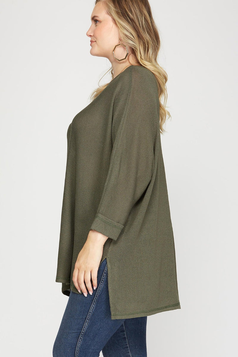 Green 3/4 Sleeve Batwing Knit Semi-Sheer Top | Bella Lucca Boutique