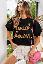 Black & Gold Metallic Touch Down Lettering Puff Sleeve Sweater | Bella Lucca Boutique