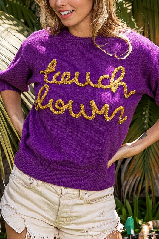 Purple & Gold Metallic Touch Down Lettering Puff Sleeve Sweater | Bella Lucca Boutique