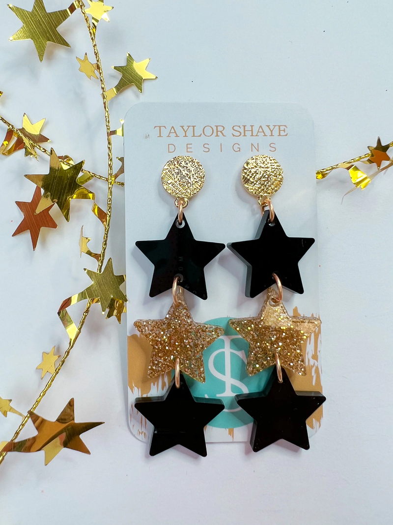 Taylor Shaye Designs Saints Black & Gold Triple Star Earrings | Bella Lucca Boutique