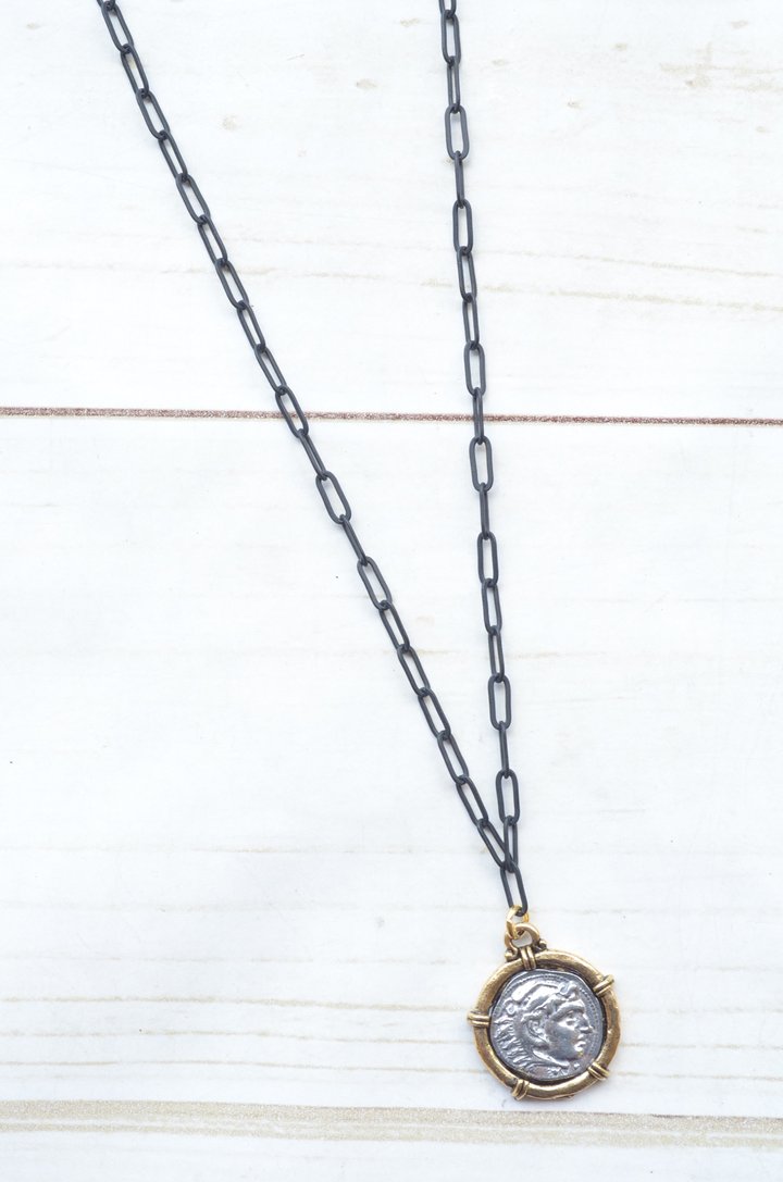 Paperclip Black Necklace with 2-Tone Coin Charm | Bella Lucca Boutique