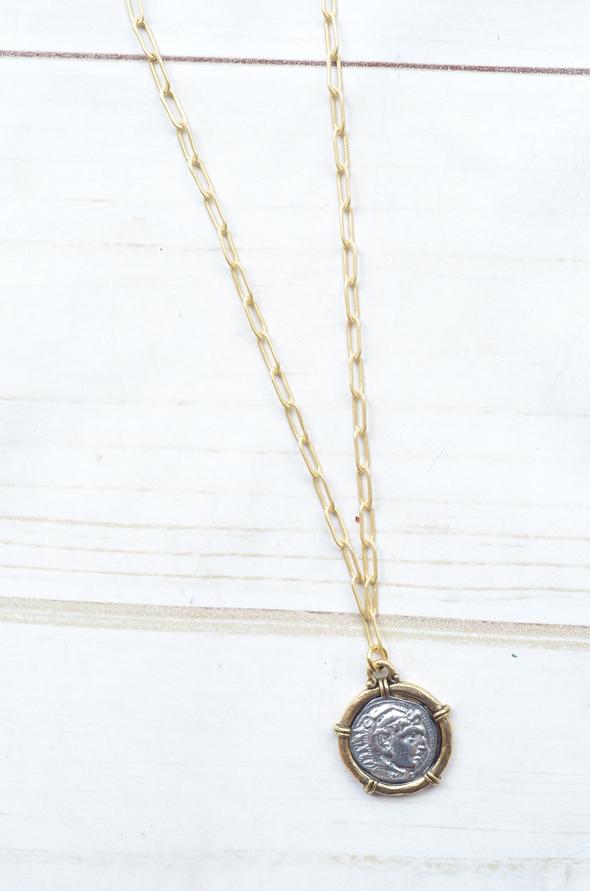 Paperclip Gold Necklace with 2-Tone Coin Charm | Bella Lucca Boutique