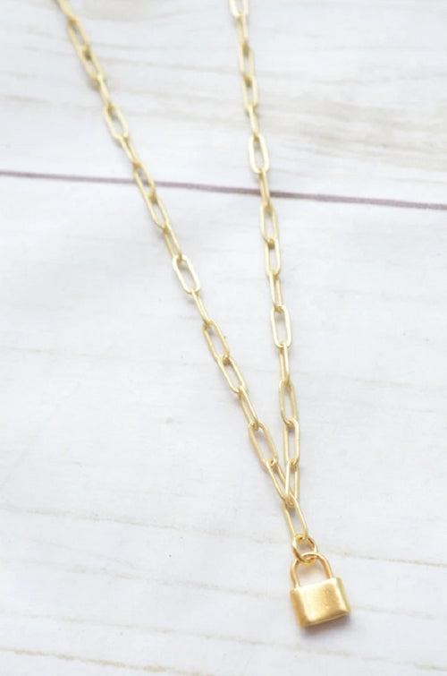 Virtue Jewelry Gold Paperclip Necklace with Lock Charm | Bella Lucca Boutique