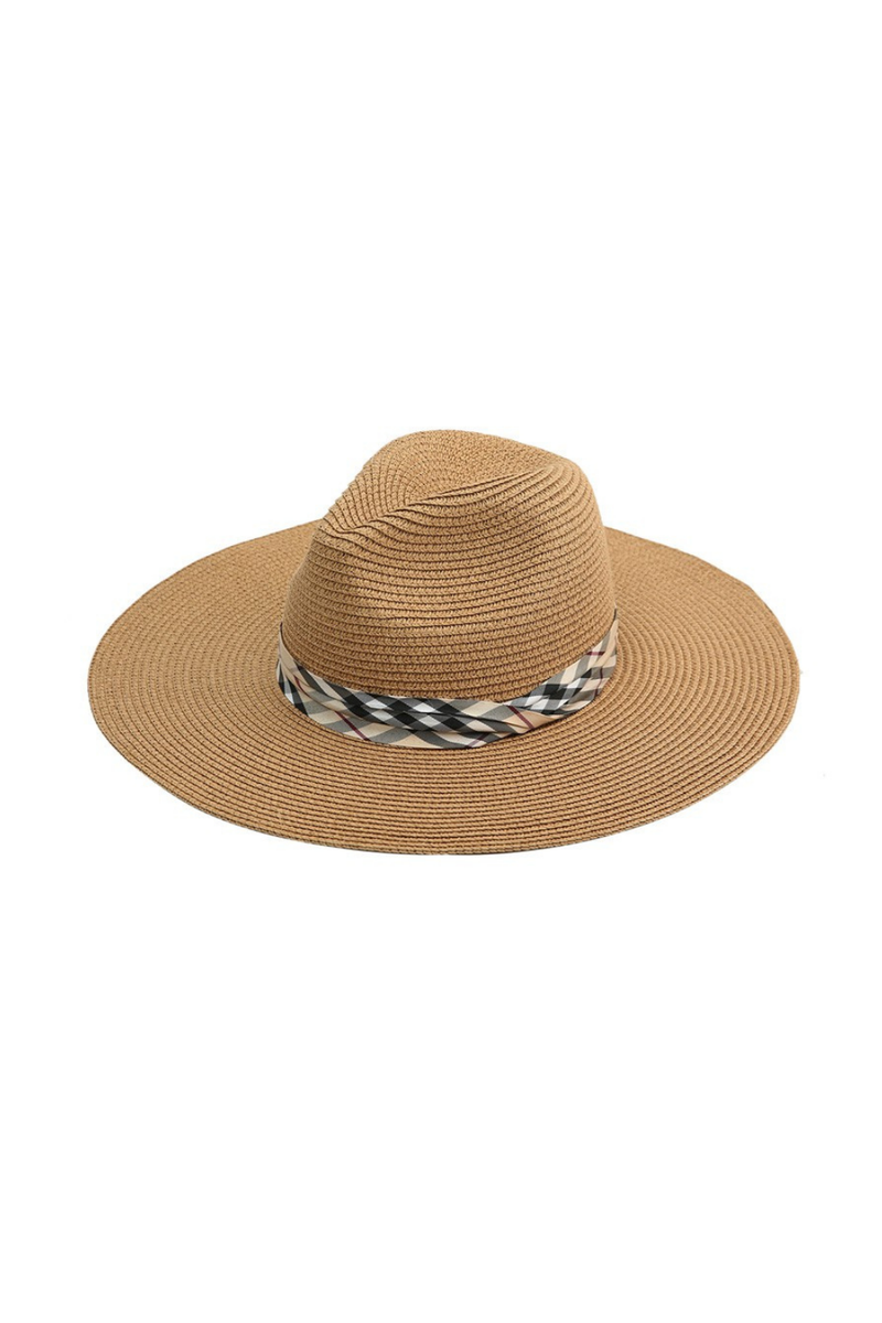 TAN PANAMA SUN HAT | PLAID RIBBON BAND