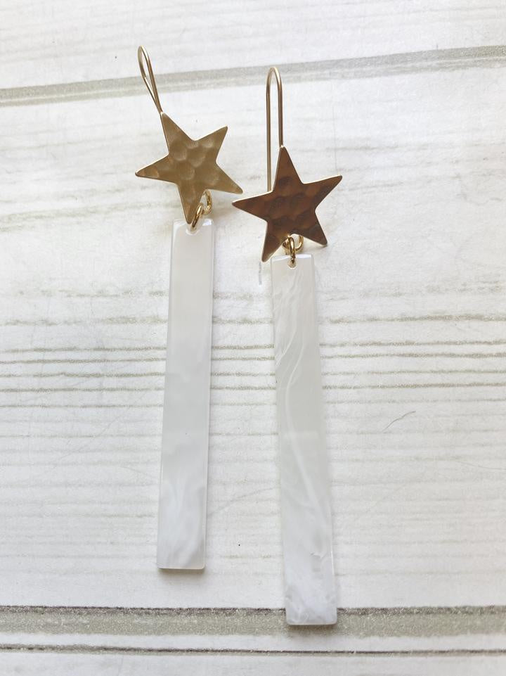 Gold Hammered Star White Smoke Acrylic Bar Earrings-Bella Lucca Boutique