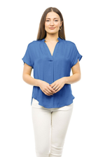 Cobalt Blue Satin V-Neck Short Sleeve Blouse | Bella Lucca Boutique