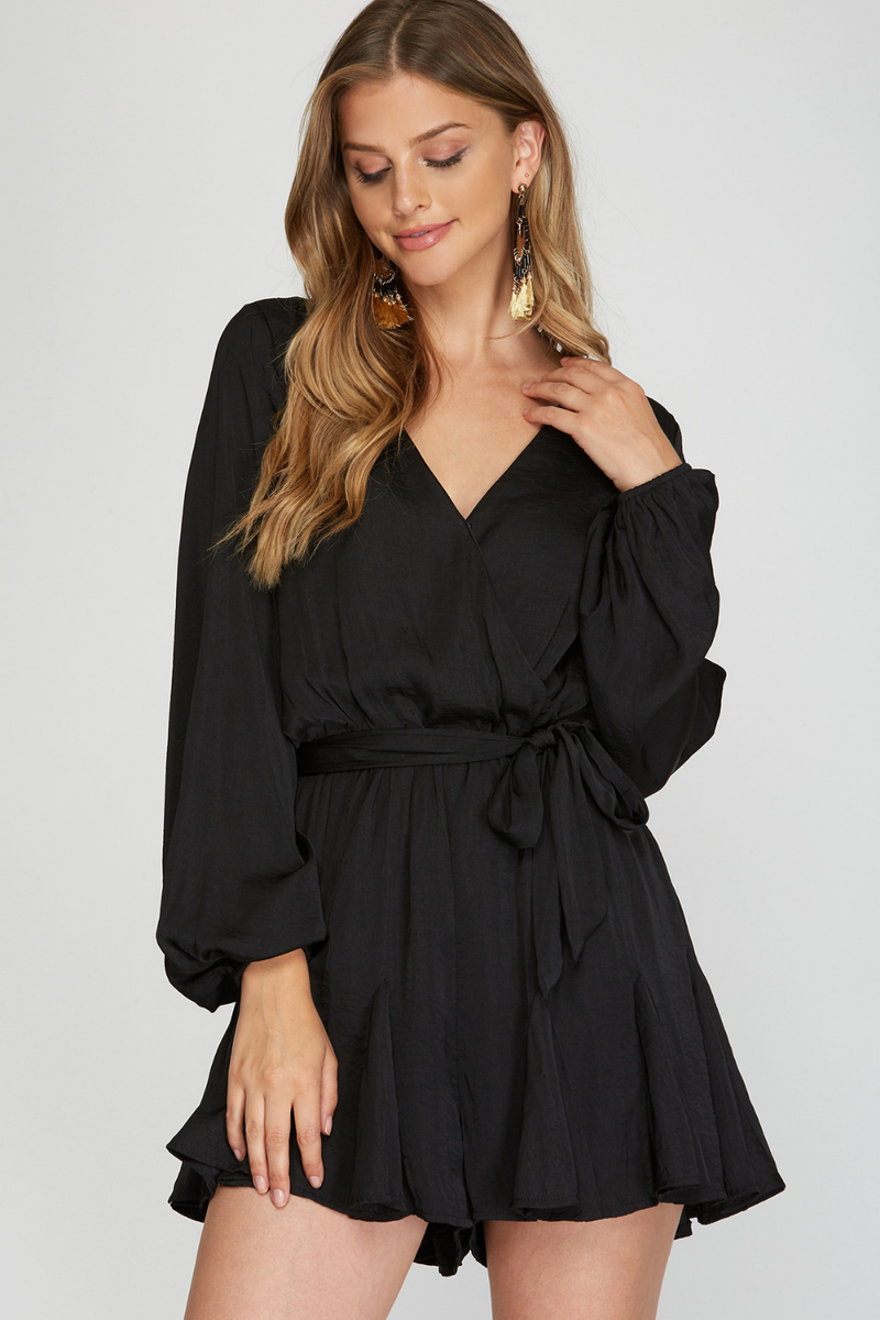SATIN RUFFLE SKIRT ROMPER | BLACK