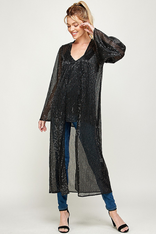 Long Sleeve Black Sequin Duster Kimono | Bella Lucca Boutique