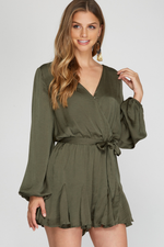 Olive Green Satin Ruffle Bottom Romper | Bella Lucca Boutique