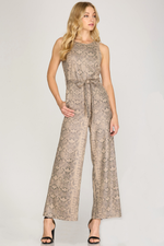 Taupe Snake Faux Suede Jumpsuit | Bella Lucca Boutique
