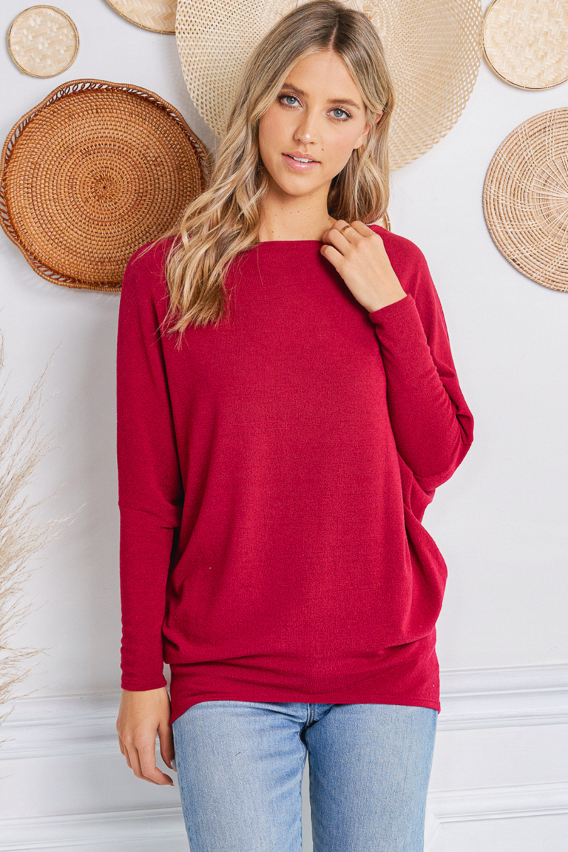Dark Red Long Sleeve Hacci Cocoon Knit Tunic | Bella Lucca Boutique