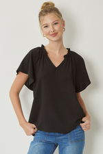 Black V-Neck Flutter Sleeve Blouse | Bella Lucca Boutique