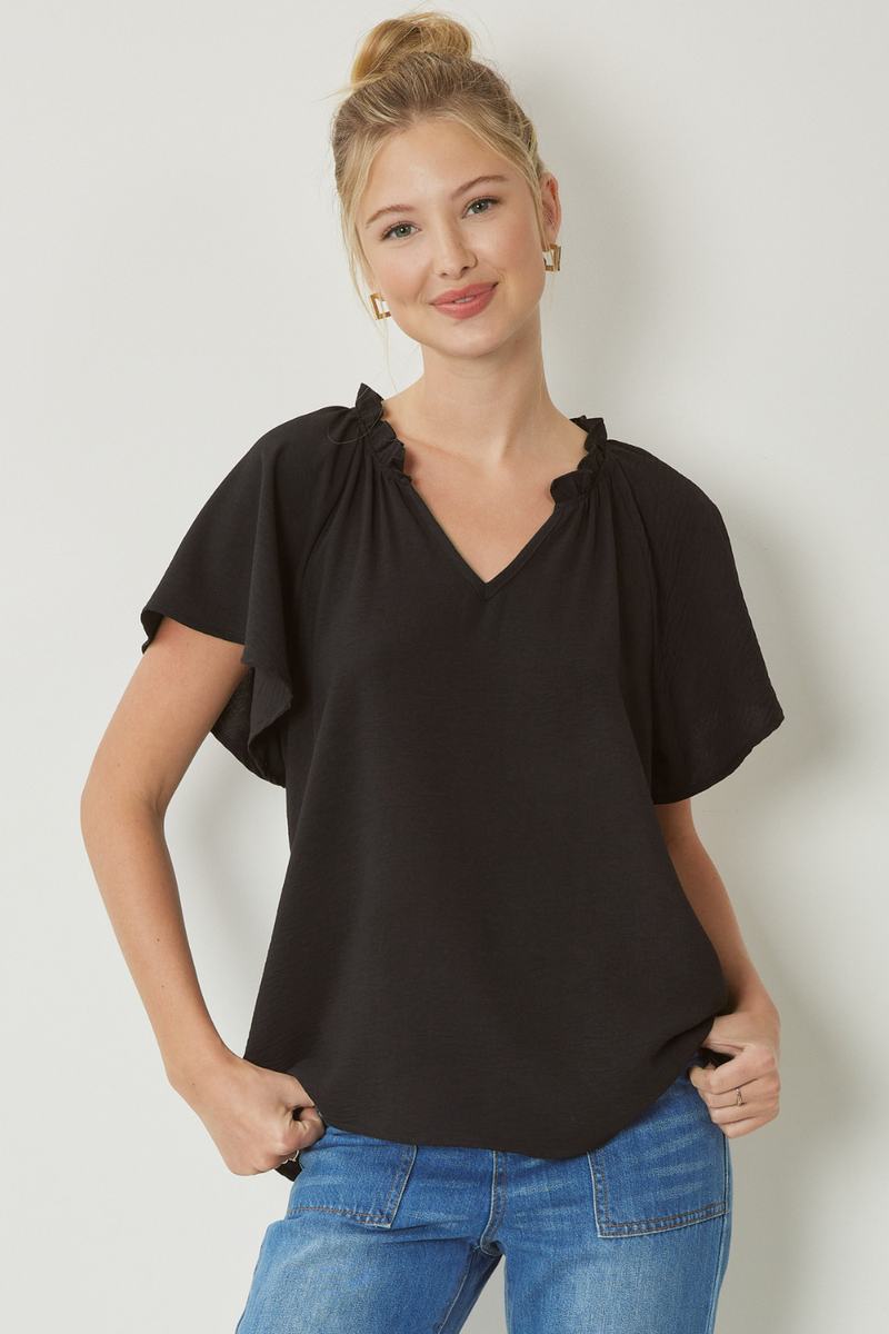 Black V-Neck Flutter Sleeve Blouse | Bella Lucca Boutique