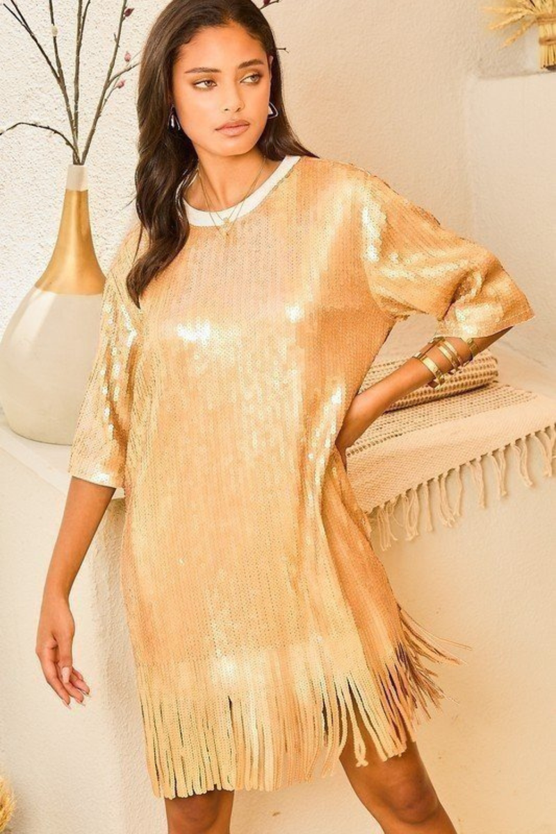 LET'S GEAUX GIRLS SEQUIN FRINGE DRESS | GOLD