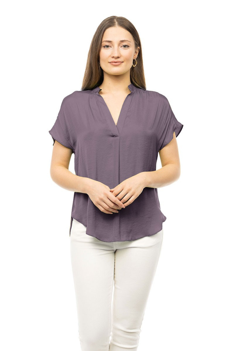 Plum Purple Satin V-Neck Short Sleeve Blouse | Bella Lucca Boutique