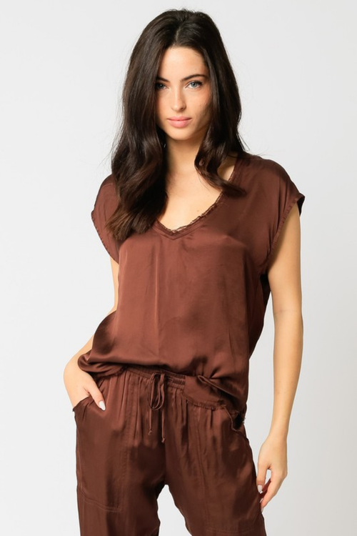 Chocolate Brown Satin Blouse | Bella Lucca Boutique
