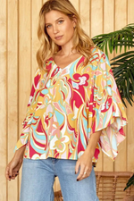 Retro Print Flowy Sleeve V-Neck Blouse Top | Bella Lucca Boutique