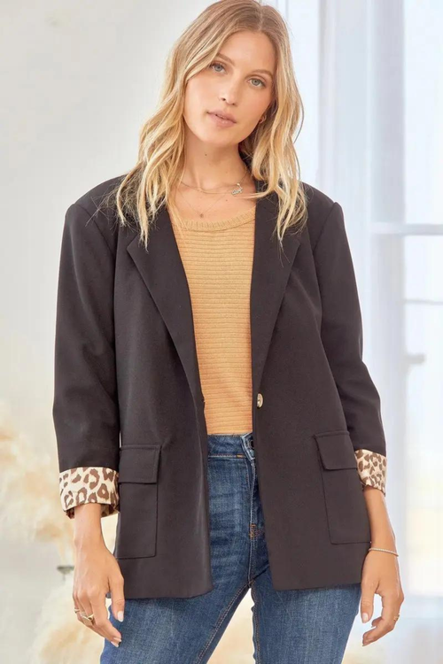 Women's Black Blazer Leopard Cuff Detail | Bella Lucca Boutique