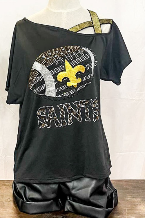 Rhinestone Saints Football Metallic Gold Shoulder Strap Game Day Top | Bella Lucca Boutique